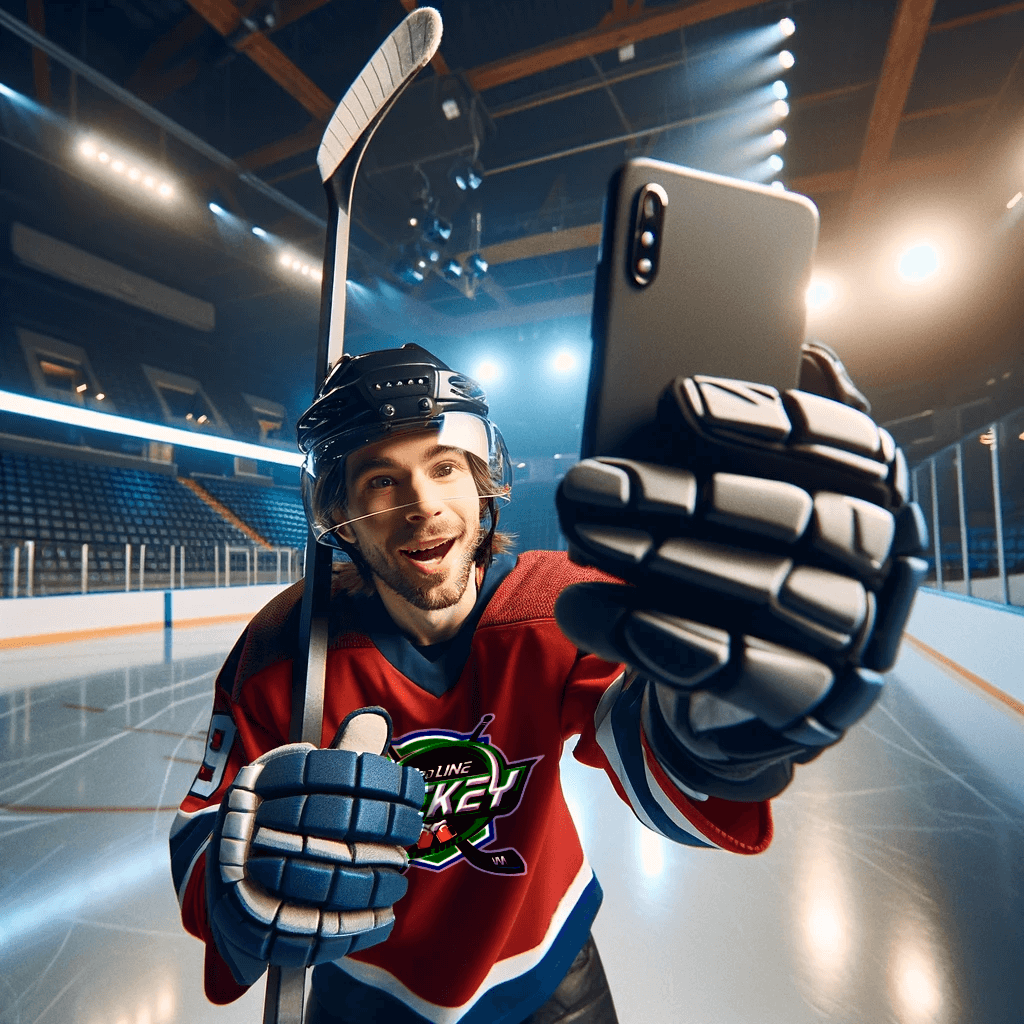 A 3rd line hockey player in full gear recording a video.