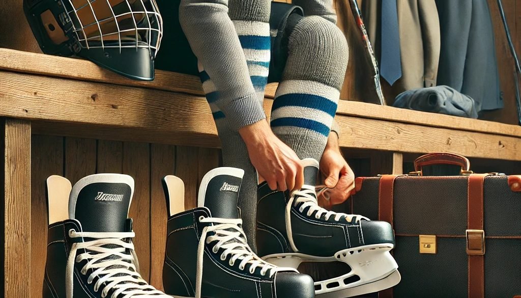 business man lacing up skates to play hockey