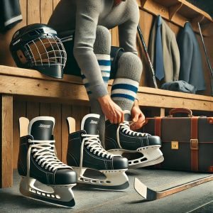 business man lacing up skates to play hockey