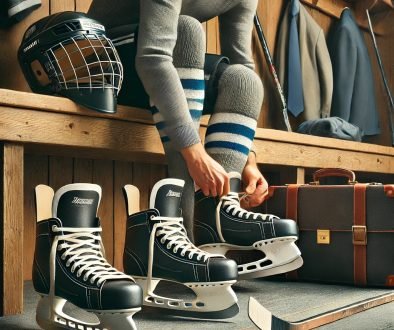 business man lacing up skates to play hockey