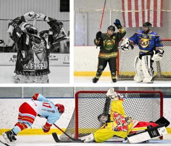A montage of photos of Hockey Players from a 3rd Line Adult Hockey Tournament