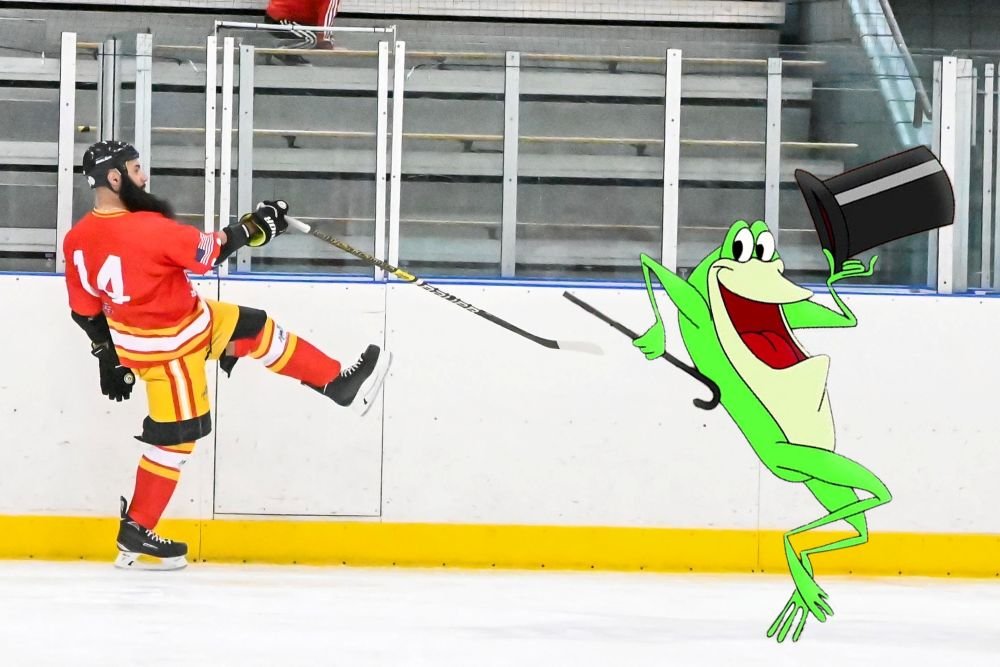 hocley player and a dancing cartoon frog on ice 3rdline adult hockey players at a draft tournament