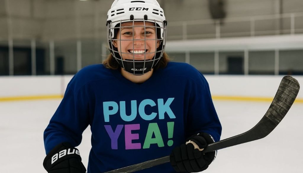 woman hockey player in a puck yea jersey on the ice smiling in an inclusive league